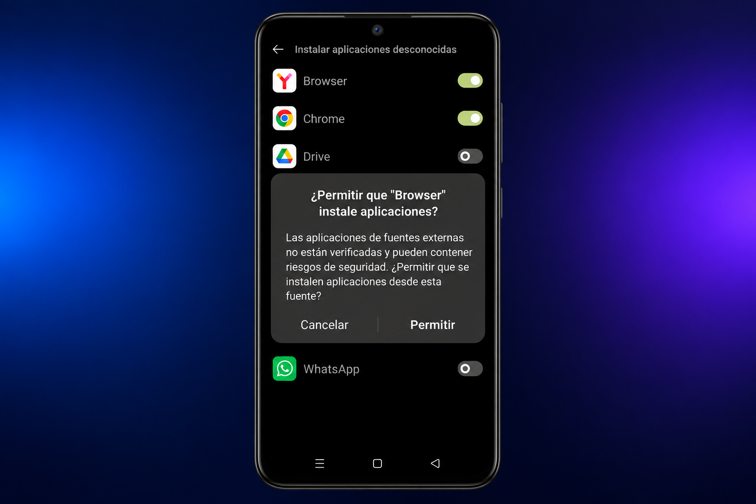 Si Android bloquea un archivo según su origen, abra la configuración de advertencia y permita temporalmente que el navegador instale aplicaciones desconocidas.